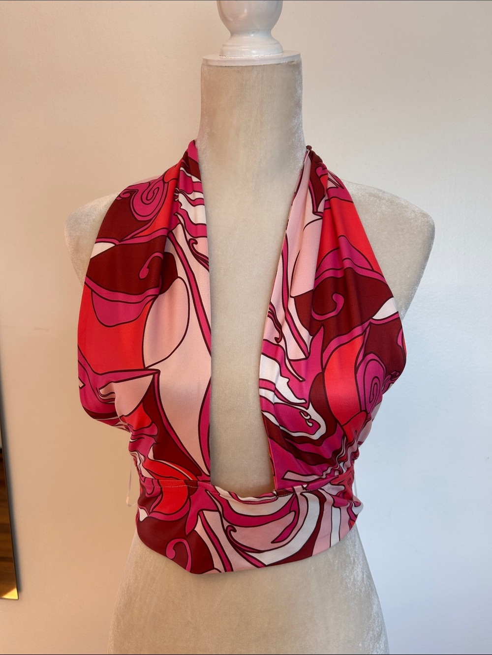 Hello Molly Pink and Red Abstract Halter Crop Top